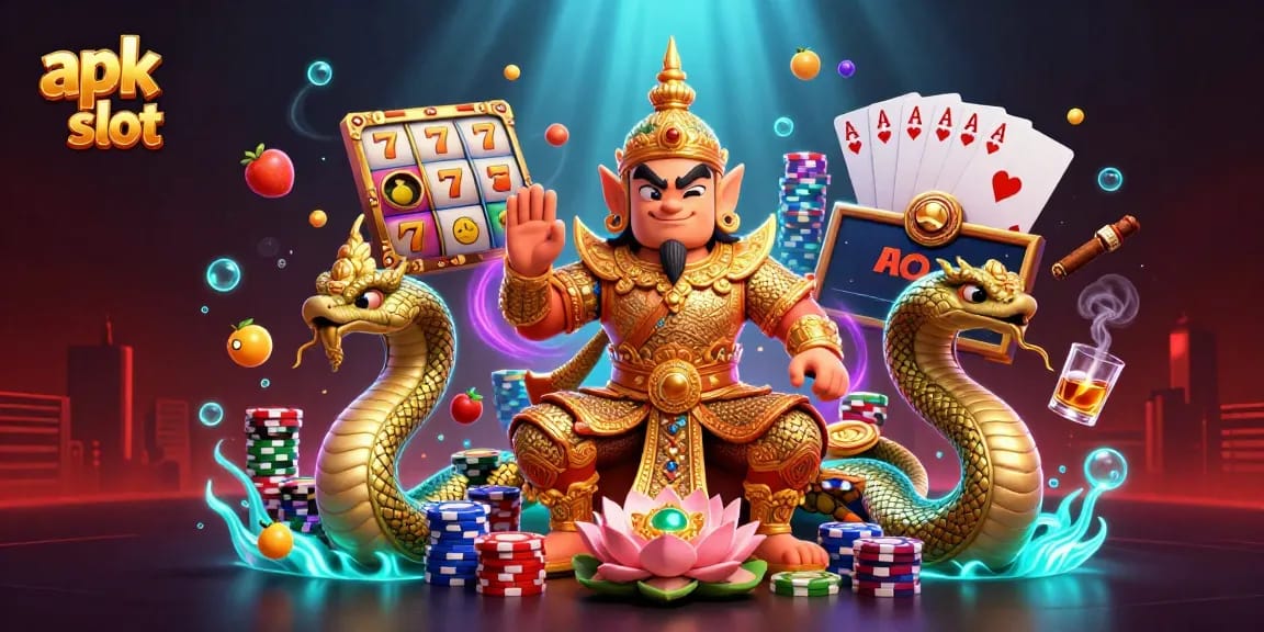 Menangkan permainan dengan apk slot terbaik, melihat penjaga kuil dan naga bersinar di latar belakang kasino.