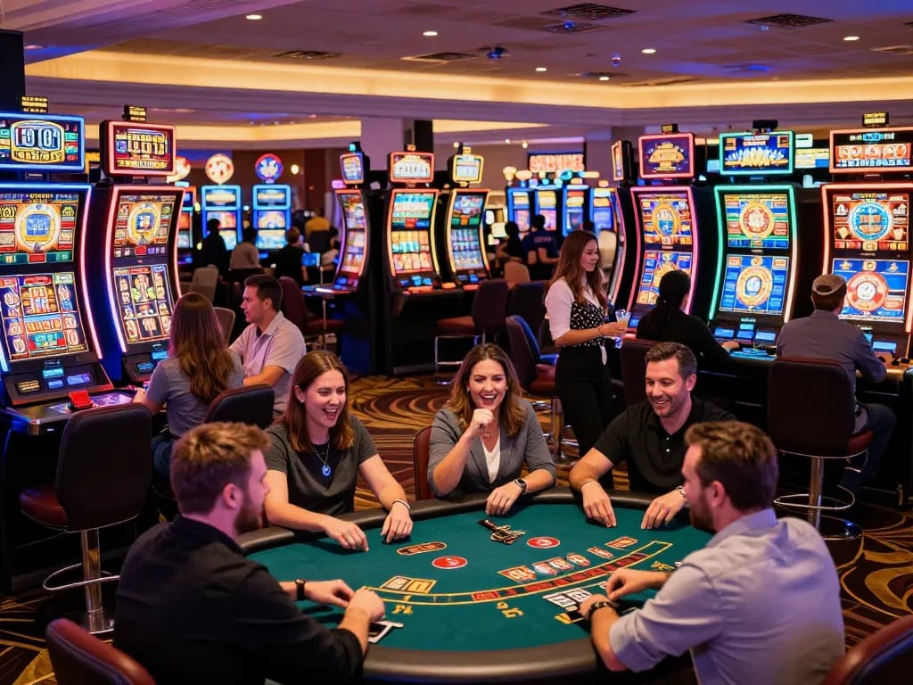 Pemain merayakan kemenangan di mesin slot sambil menikmati suasana yang semarak di kasino Paris888.