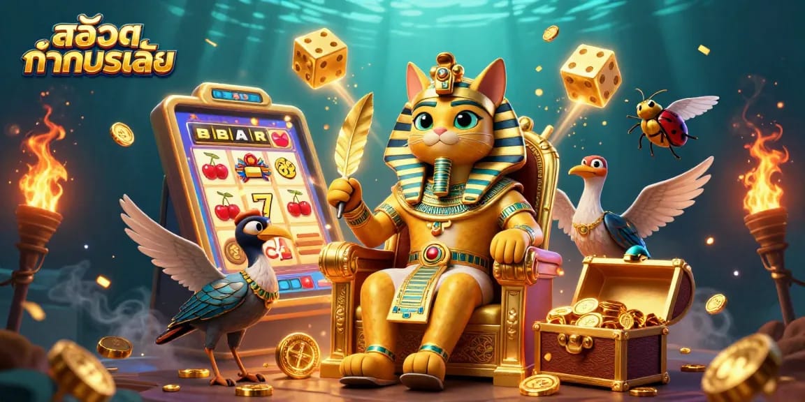 Experience สล็อตทดลองเล่น with a vibrant casino scene featuring Egyptian pharaoh cat and treasures.