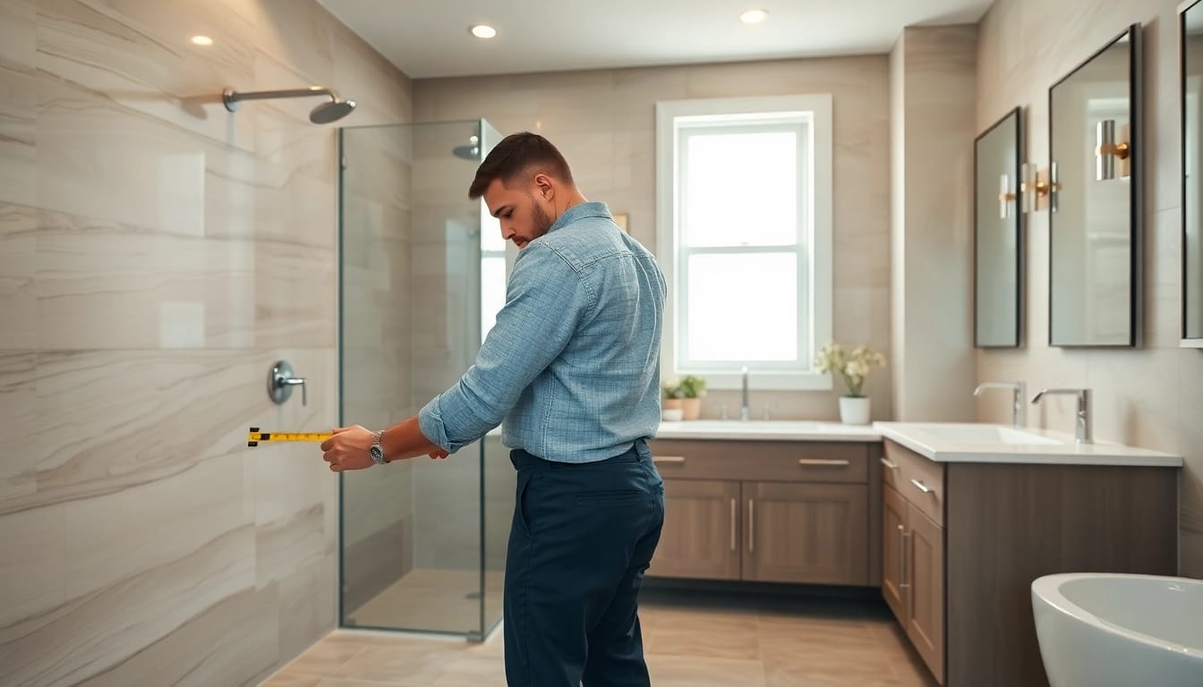 Bathroom remodeling specialist measuring for new fixtures in an elegant bathroom.