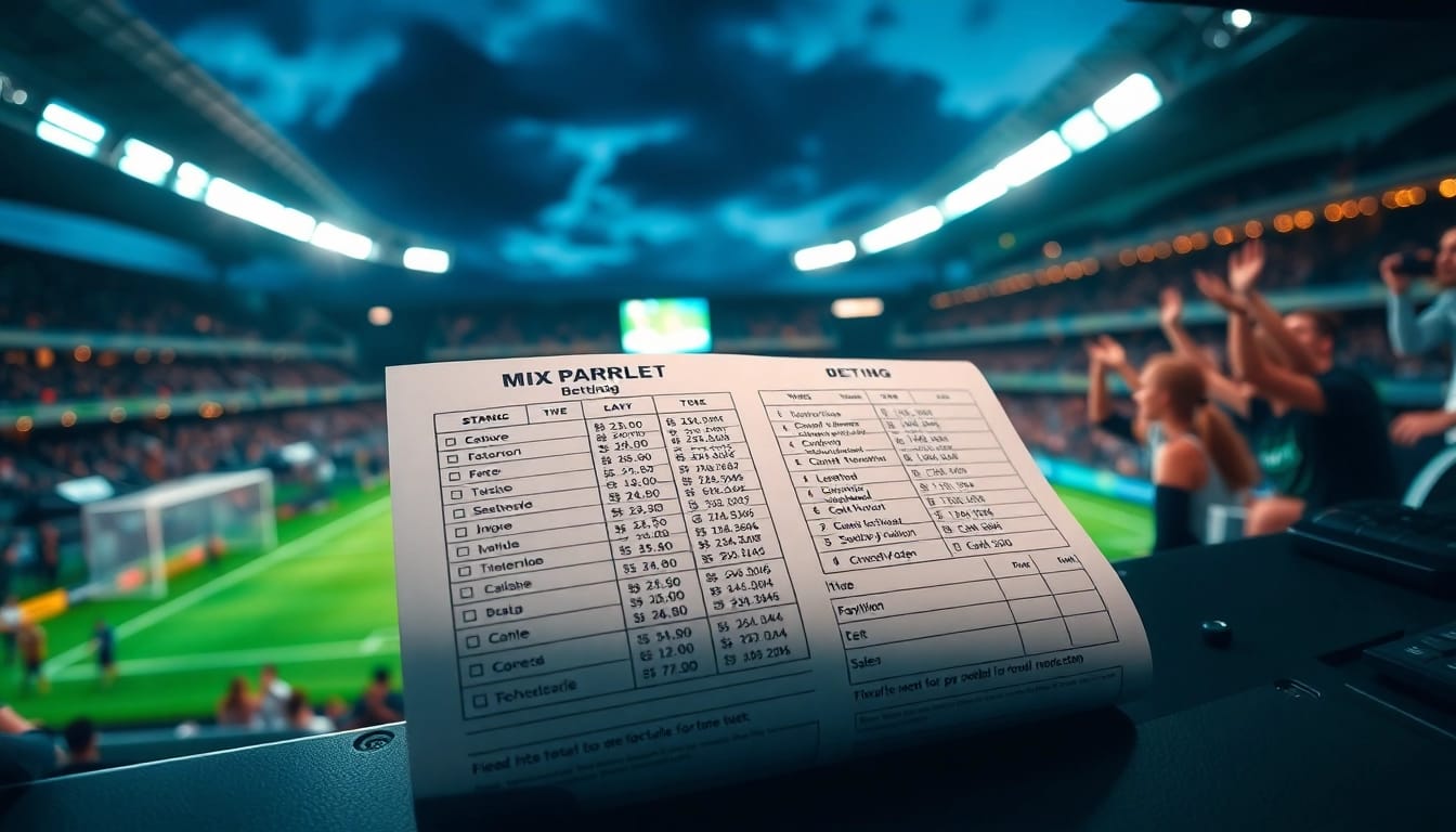Menggambarkan bandar bola parlay slot yang menarik dengan slip taruhan di latar depan dan suasana stadion yang meriah.