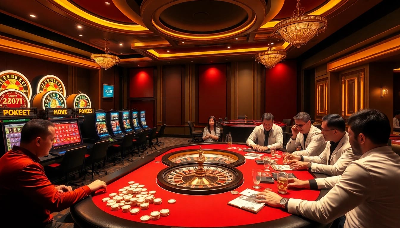 XSMB 247 players engaging in poker at a vibrant casino filled with action and excitement.