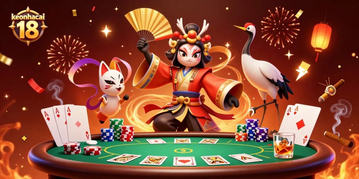 Experience the excitement of keonhacai 18 with a dynamic gambling scene featuring traditional characters.
