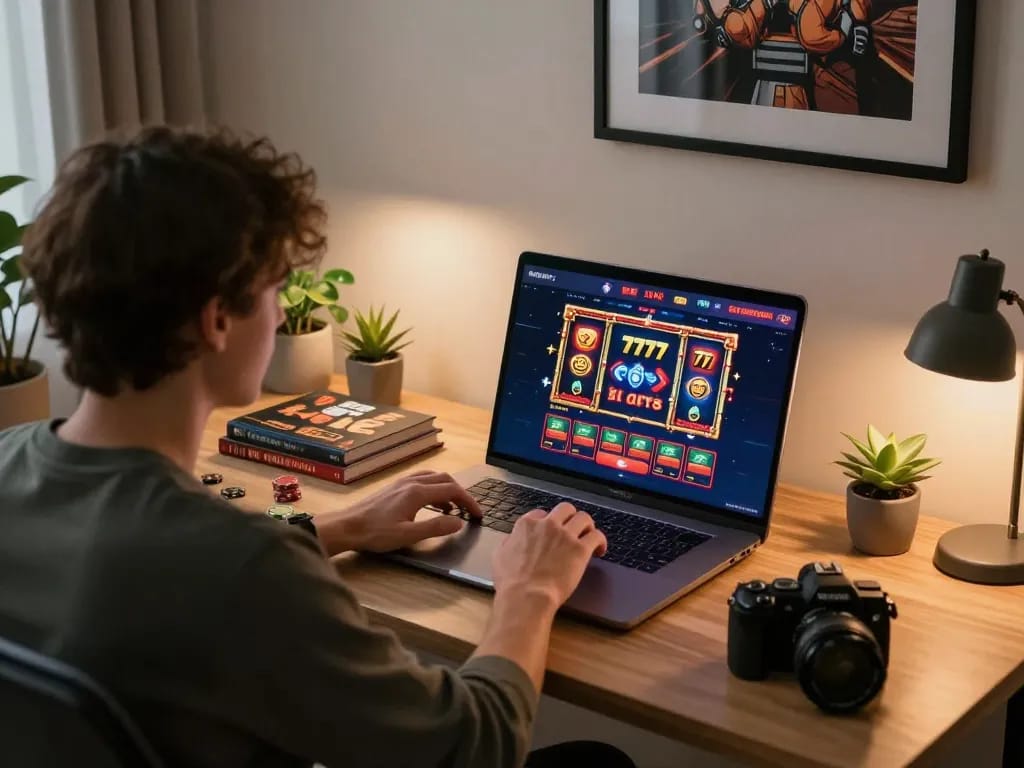 Engaging with link slot777 on a laptop in a cozy home office, showcasing online gaming excitement
