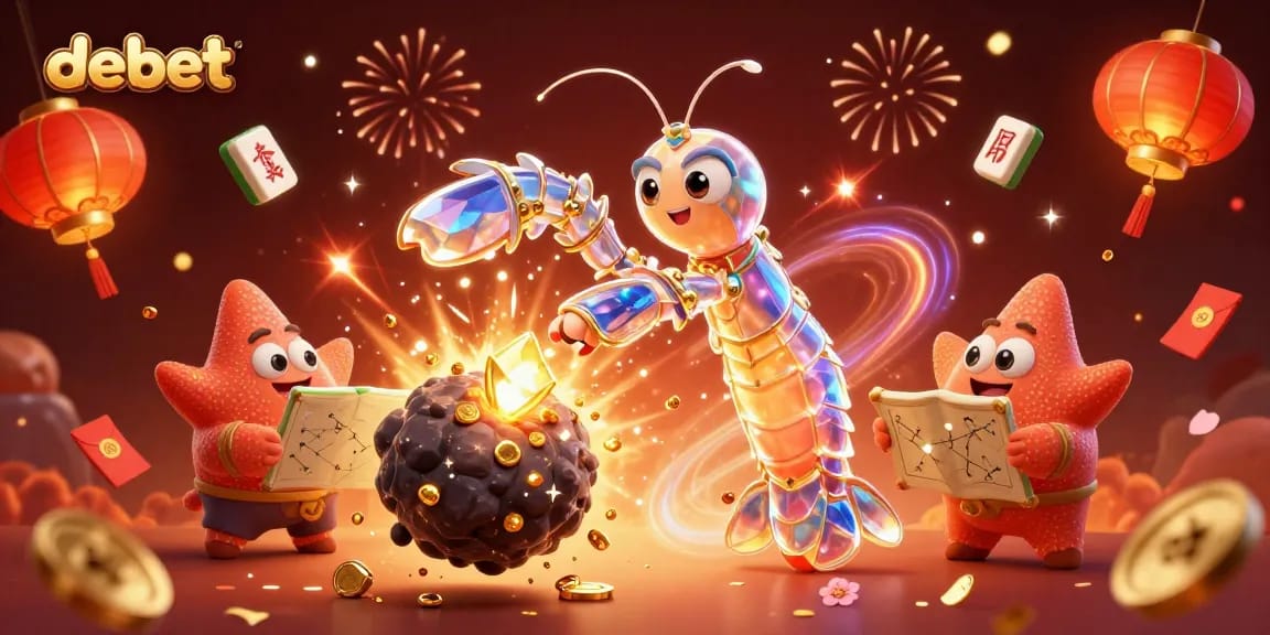 Win big with debet in an exciting 3D illustration showcasing vibrant casino elements and animated characters.