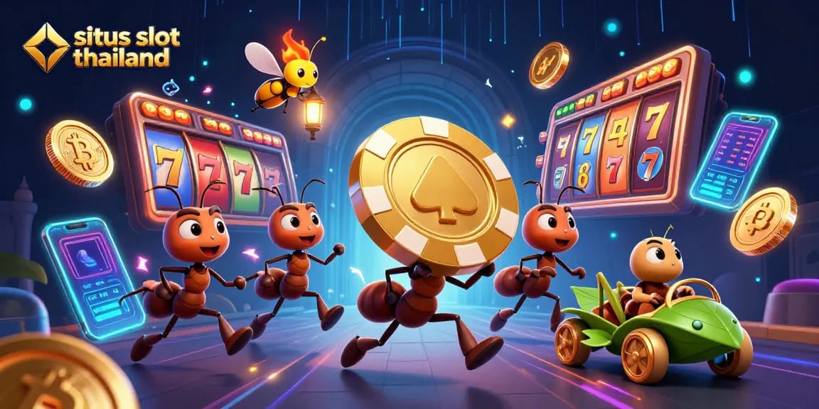 Experience vibrant action at situs slot thailand with ants heisting a giant poker chip and colorful slots!