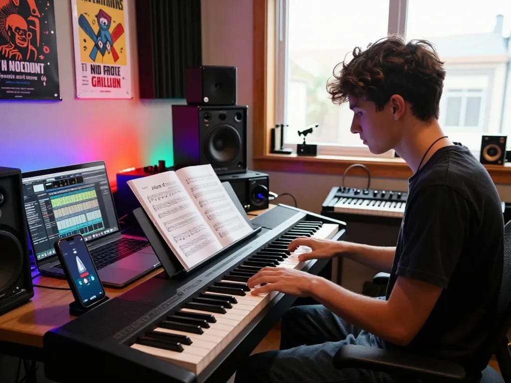 Musician playing the GO 88 digital piano in a vibrant studio setting with music production tools around.
