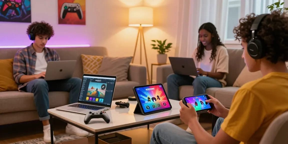 Engaging scene of players immersed in adult games on various devices.
