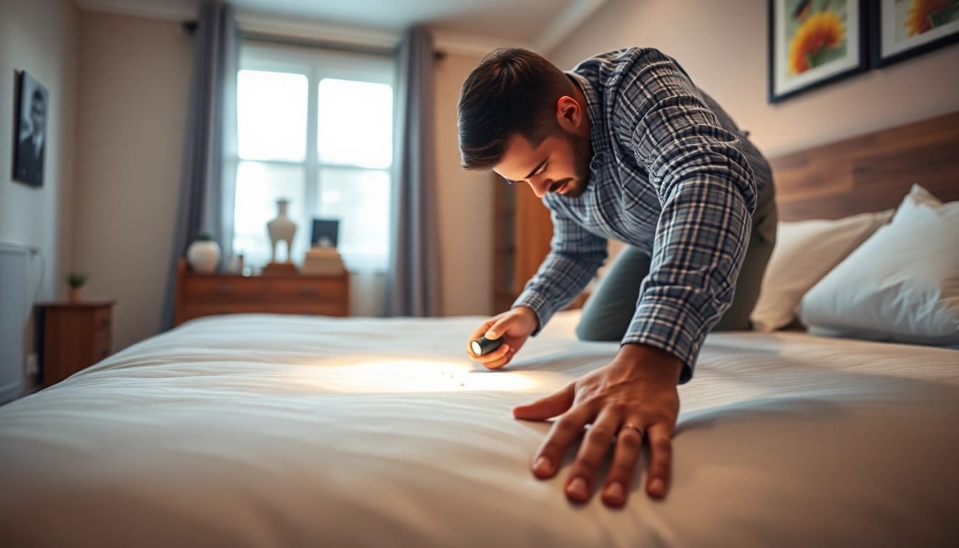 Engaging in effective bed bug control by inspecting a mattress in a residential room.