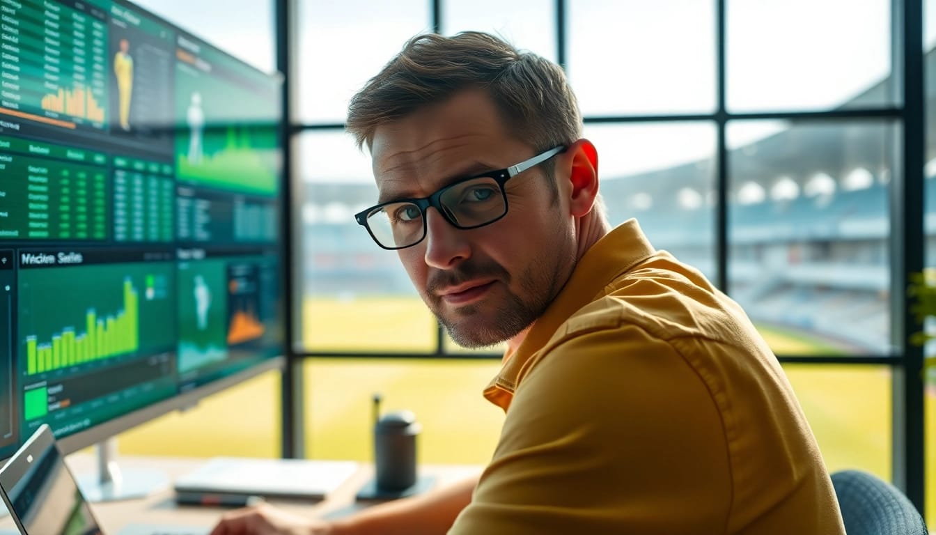 Cricket expert analyzing ipl prediction tips through detailed statistics and analytics screens.