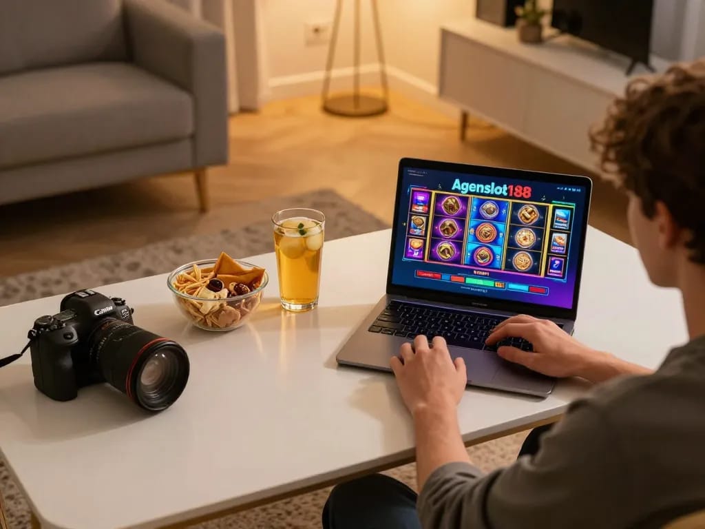 Engaging online slot gameplay on agenslot188 in a cozy home environment, emphasizing responsible gambling.