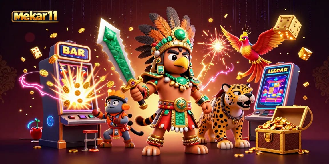 Mekar11 showcases a vibrant 3D casino scene with a winning slot machine explosion, bringing excitement to players.