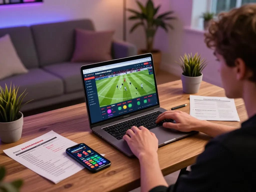 Engaging live betting on https://cakhiatv.design/, with a person using a laptop and notes nearby.