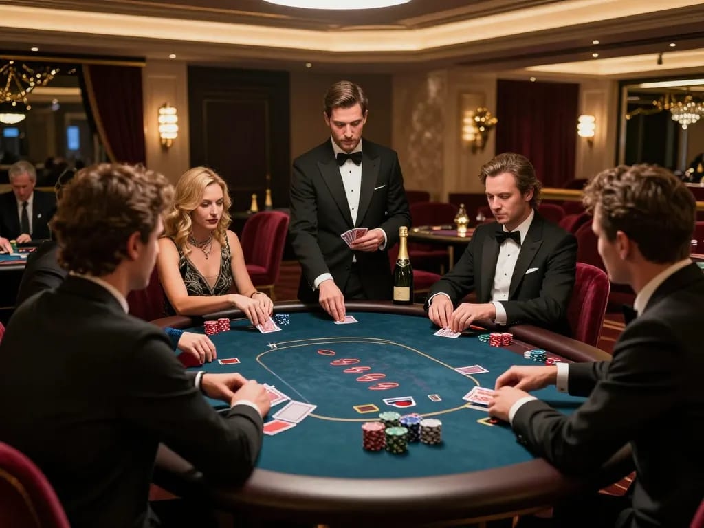 VIPwin players enjoying high-stakes poker in a luxurious casino gaming room.