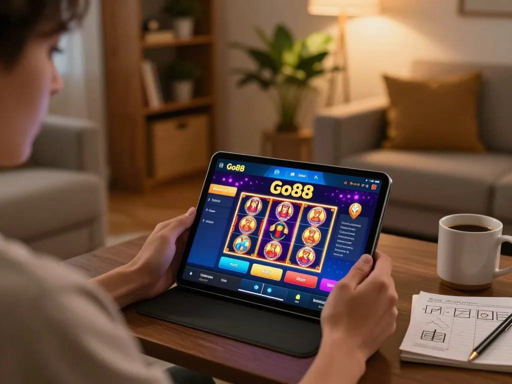 Player enjoying Go88 online slot games on a tablet in a cozy living room setting.