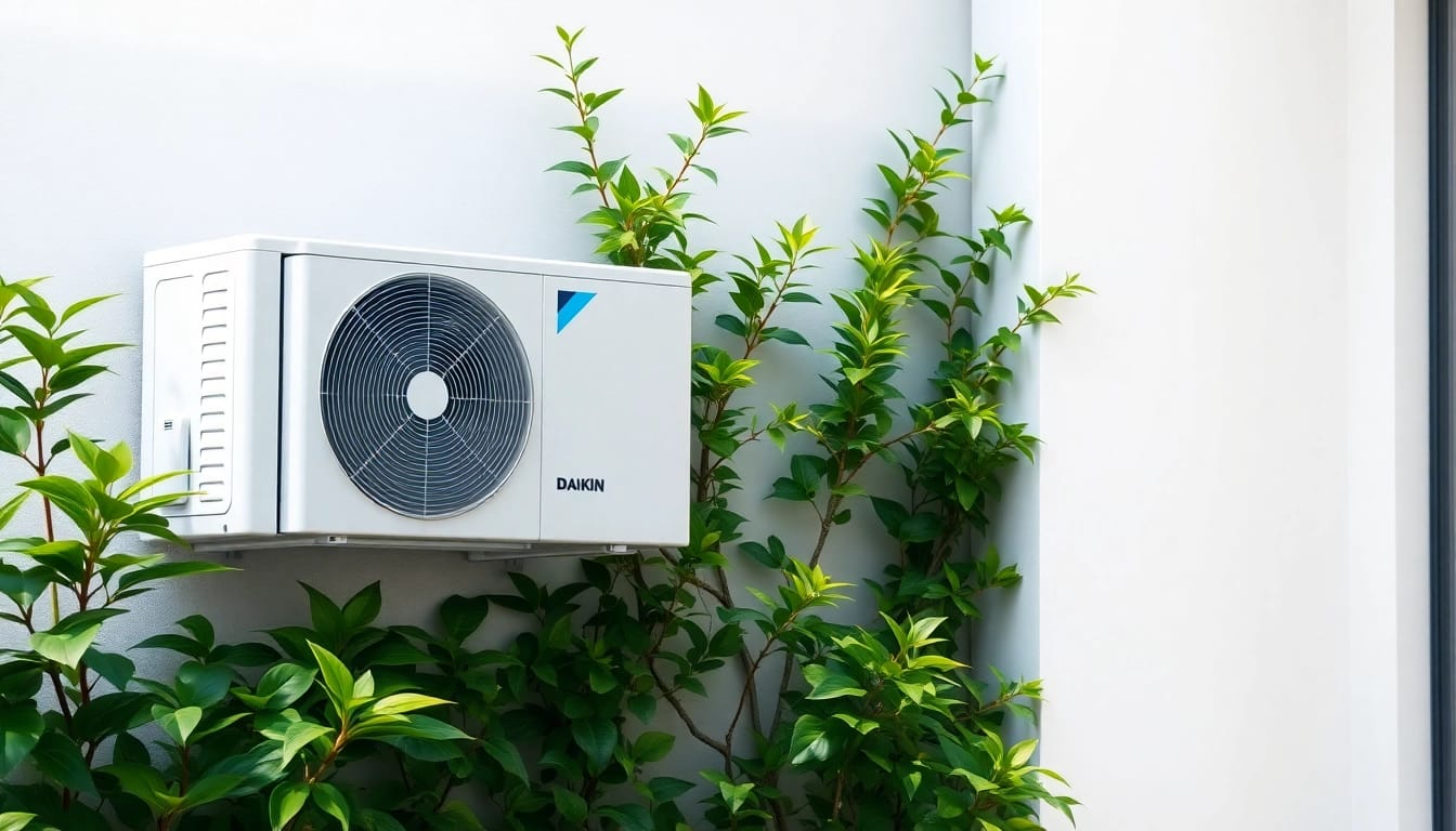 Showcase of a daikin mini split AC unit installed on a modern wall amidst greenery.