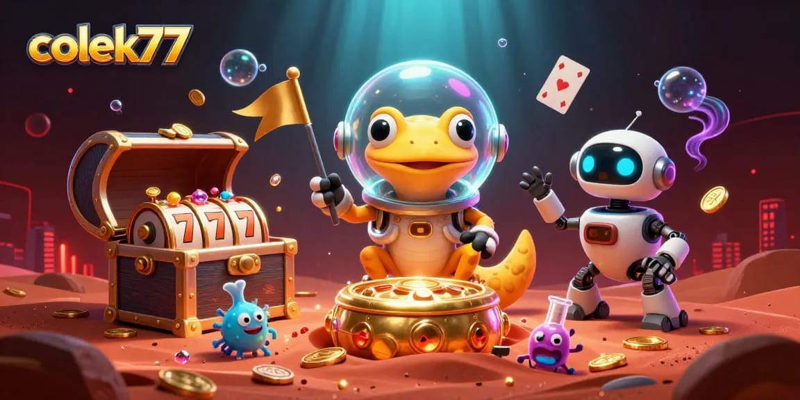 Engage in thrilling slots at colek77 with a vibrant Martian casino scene, showcasing exciting gold treasures and vibrant animations.