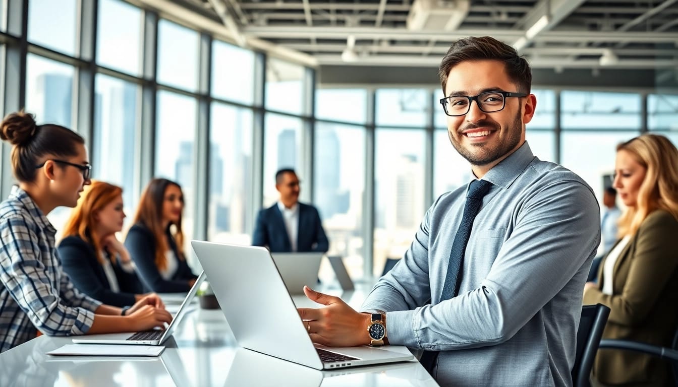 Engaging enterprise assistant collaborating with team in a modern office environment.