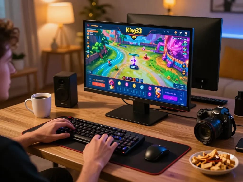 Engaging gameplay experience on king33 casino app in a cozy home setup with modern gaming elements