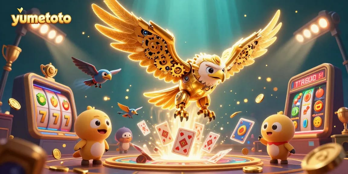 Mainkan permainan slot terbaik di yumetoto dengan ilustrasi fokus pada burung elang emas sibernetik.