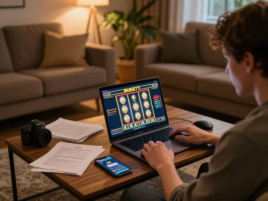 Engaging with BUKA77 on laptop for an exciting online gaming experience while practicing responsible gambling.