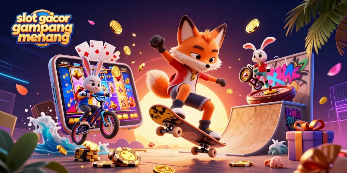 Engage with exciting slots at slot gacor gampang menang while a fox skateboards over golden poker chips.
