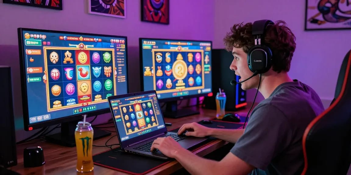 Player enjoying slot depo 5k gaming experience in vibrant home setup with glowing screens and gaming memorabilia