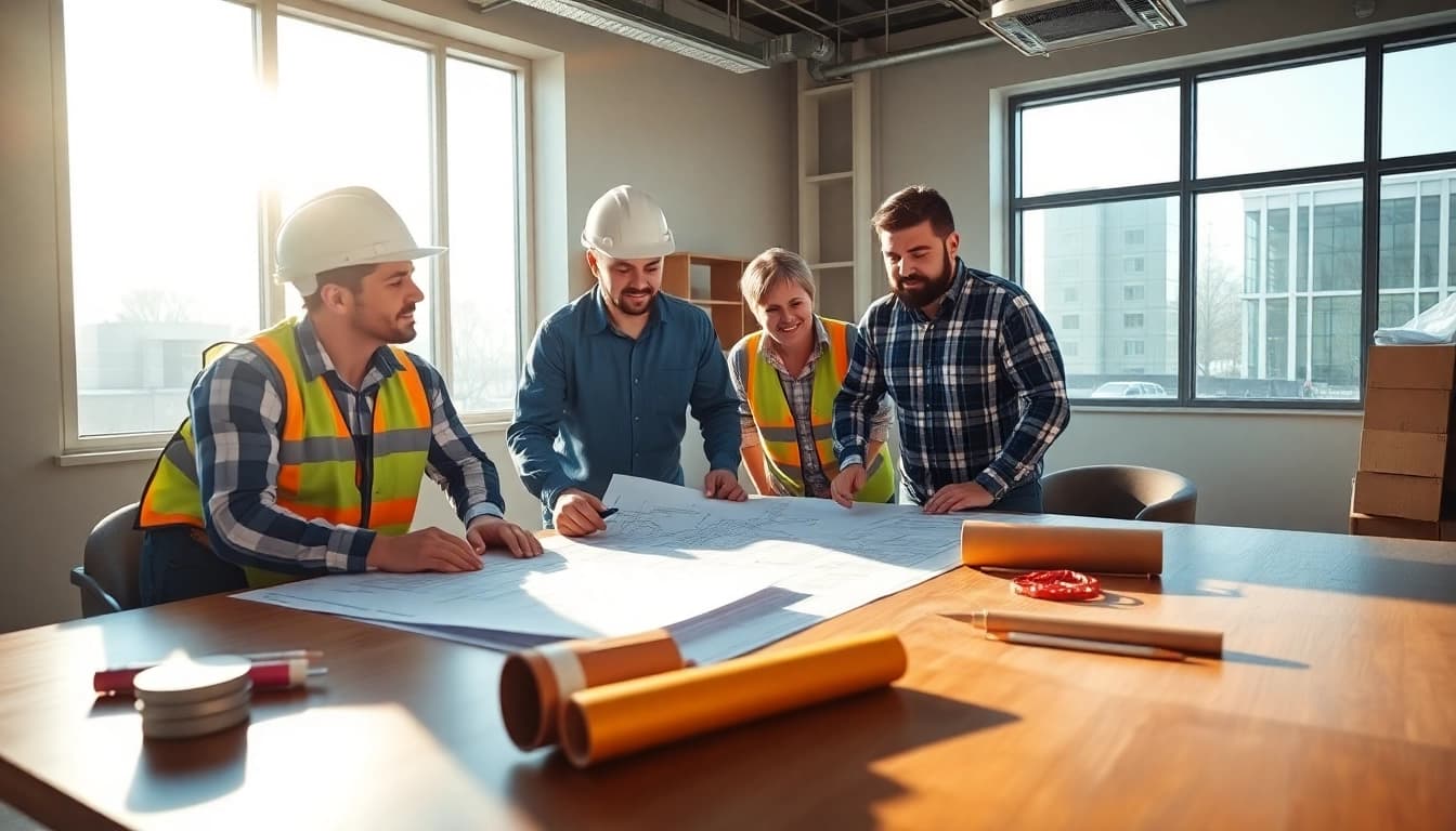 Builders discussing plans for the Texas association of builders in a collaborative office.