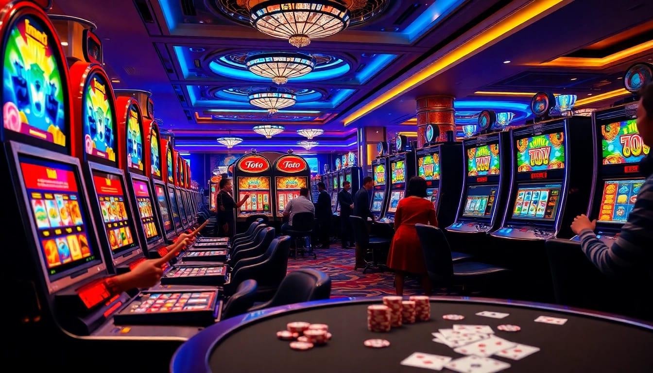 Para pemain menikmati mesin Toto Slot yang mendebarkan dalam suasana kasino yang dinamis.