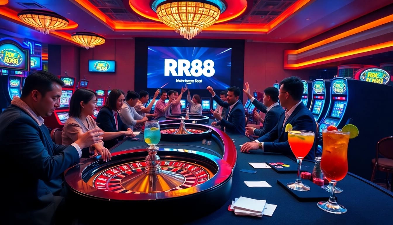 Players enjoying an exciting game experience at RR88 casino with vibrant slot machines and card tables.