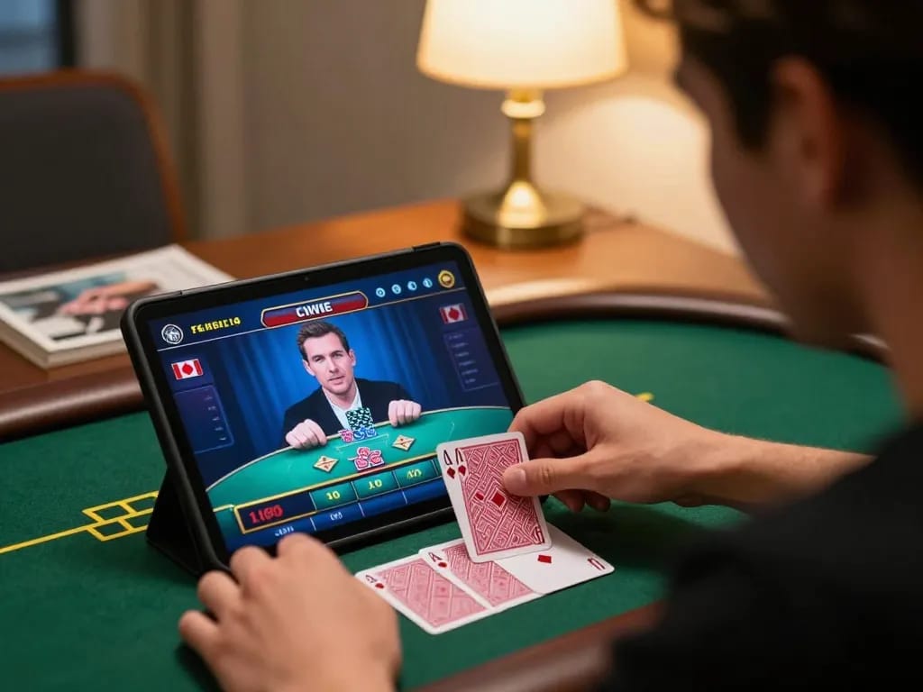 Engaging in online casinos Canada with live dealer blackjack, showcasing gameplay excitement at home.
