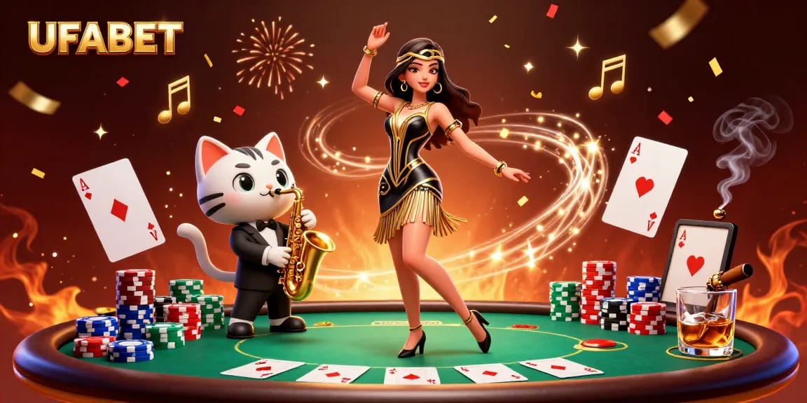 Experience thrilling gaming at UFABET with vibrant styles featuring poker elements and golden celebration confetti.