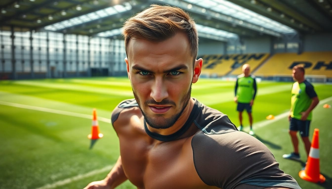 Mykhailo Mudryk engaged in intense training at https://diknews.co.uk/mykhailo-mudryk/, showing athletic determination and focus.