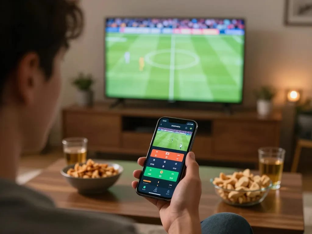 Kèo nhà cái 5 betting action showing user placing sports bets on mobile app in cozy living room.