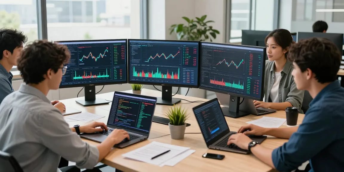 Dynamic fintech data integration service development team collaborating on innovative financial APIs in a modern workspace.