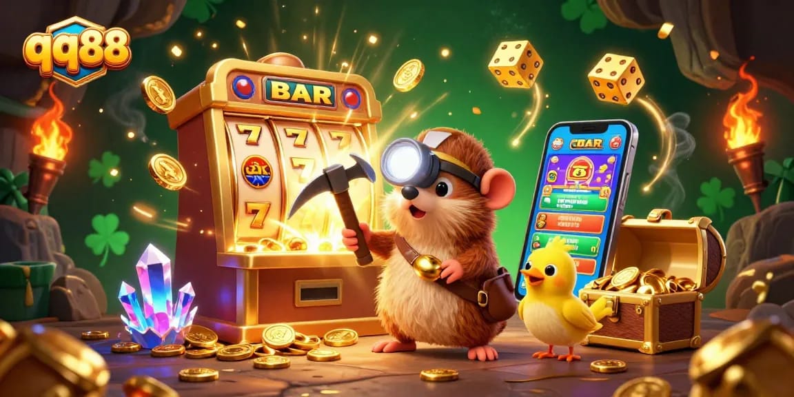 Experience the excitement of qq88 with a vibrant scene of a treasure hunter in a jackpot-filled casino.