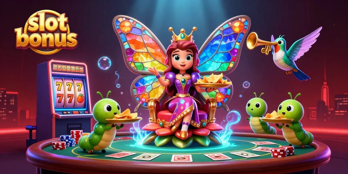 Experience thrilling slot bonus action with dynamic casino visuals featuring butterfly queen and colorful elements.