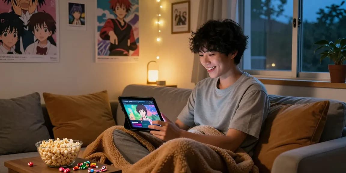Menonton anime di AnimePlay dengan suasana nyaman di rumah.