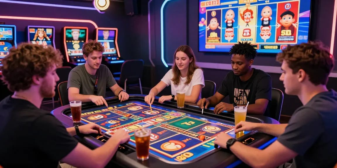 Engaging group playing slot online game in vibrant virtual casino setting