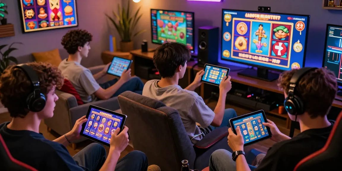 Players enjoying the apk slot application in a vibrant gaming environment with colorful graphics.