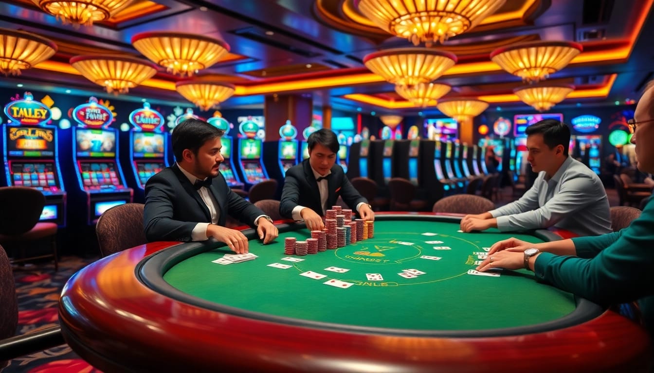Experience the excitement of Tha bet at a luxurious casino poker game featuring vibrant slot machines and professional dealers.