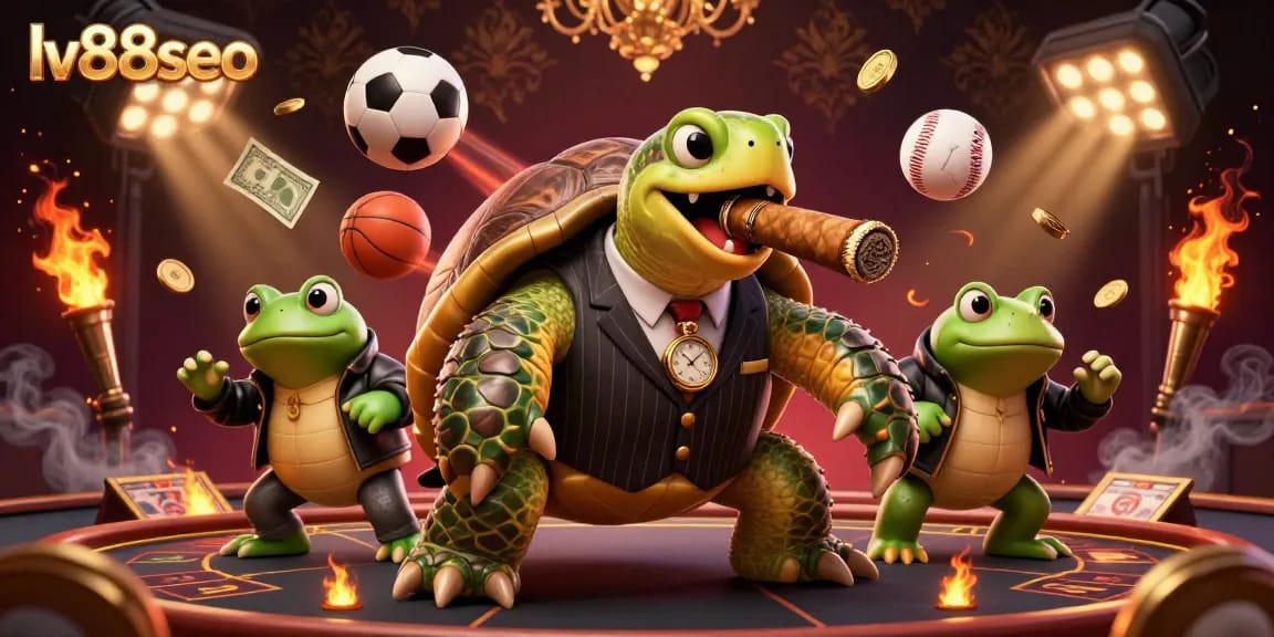 Bet on thrilling games at lv88seo featuring a mobster turtle surrounded by sports elements, showcasing a vibrant casino scene.