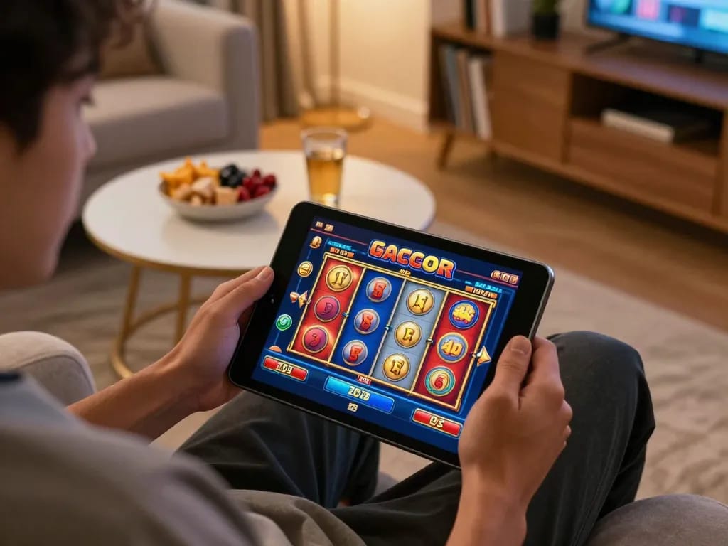 Player enjoying an online slot gacor session on tablet in a cozy home setting with colorful gaming visuals.