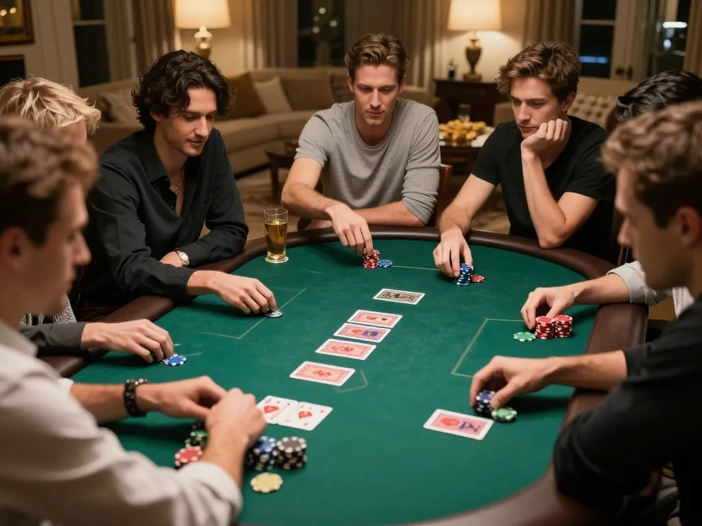 g28 poker players strategizing in a cozy home game, focusing on cards and chips