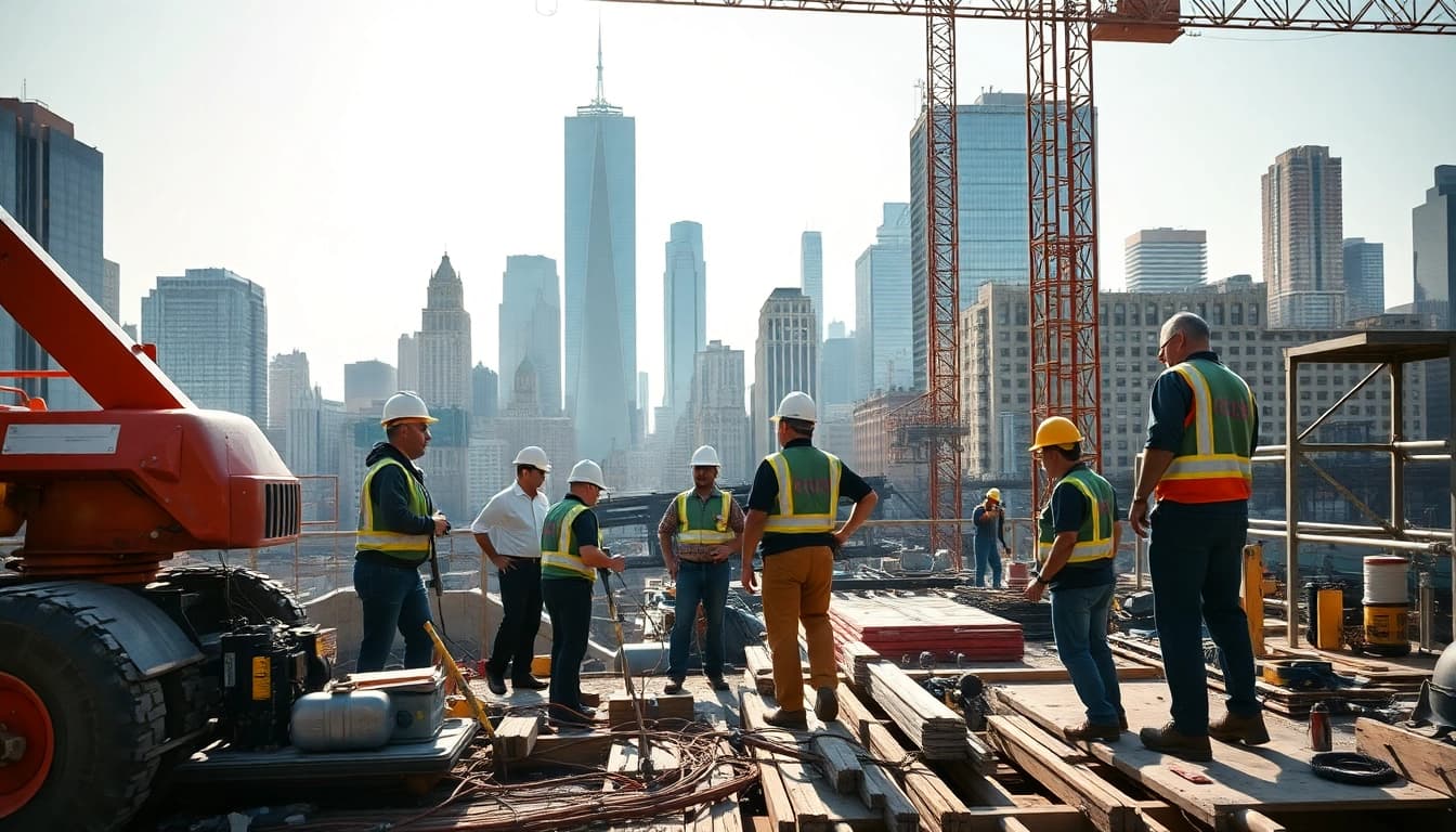 Team of professionals working on a large project as New York City General Contractor in an urban setting.