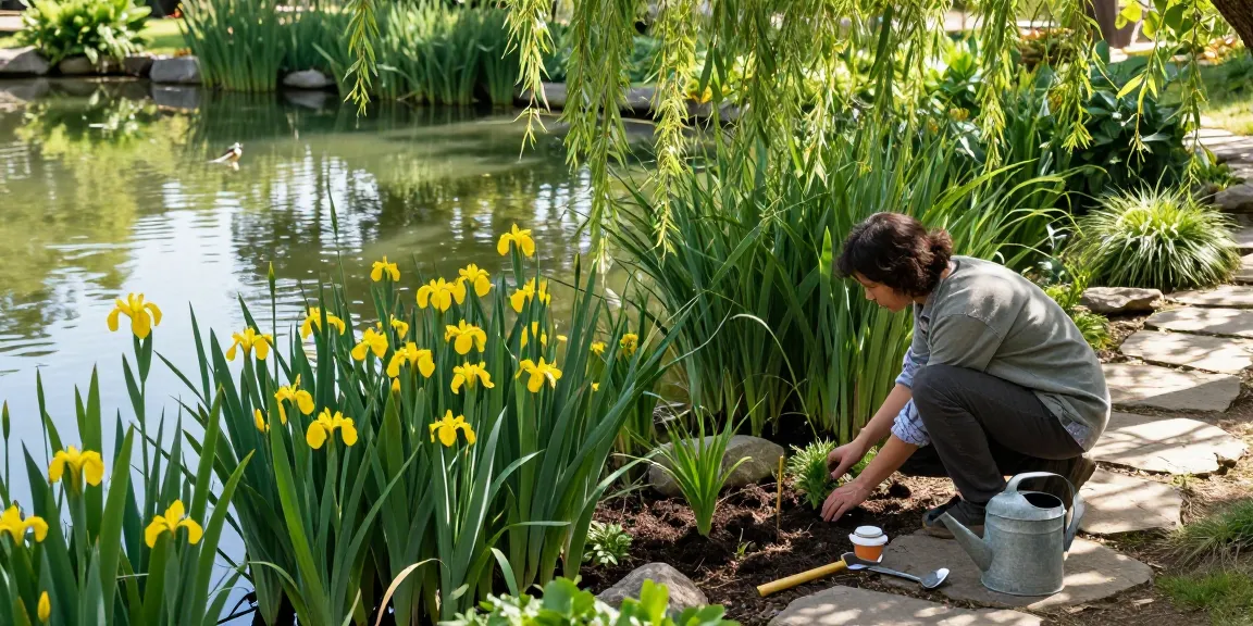 Marginal Pond Plants thriving around a tranquil pond, a gardener planting irises and sedges in a serene outdoor setting.