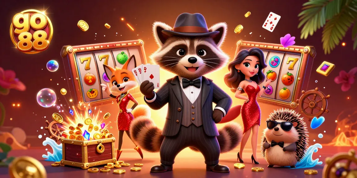 Win big with go 88 as the suave raccoon shows a royal flush in a vibrant casino scene.