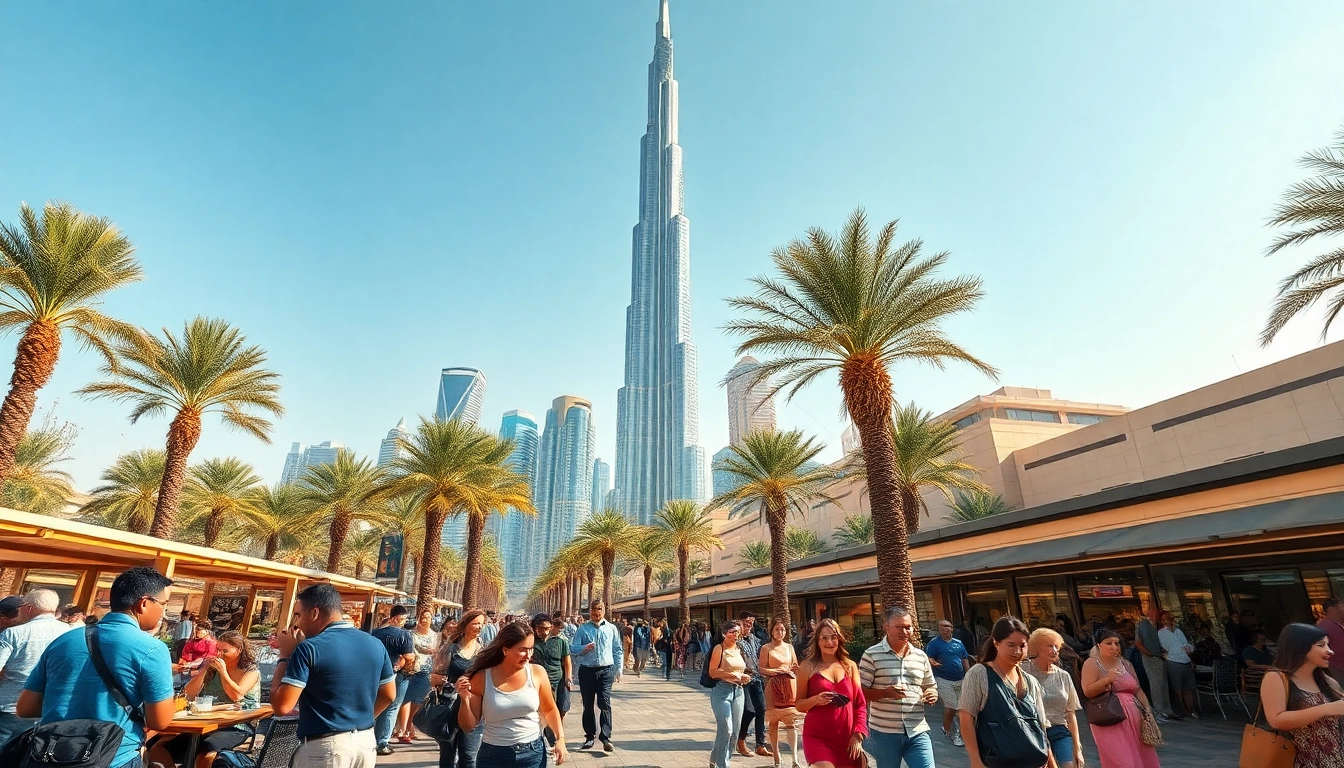 Experience the dynamic City Life Dubai through social interactions and iconic skyscrapers in this lively cityscape.