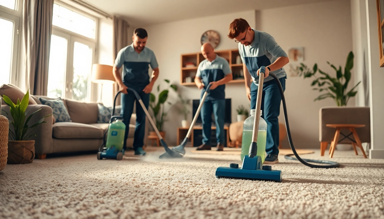 Skilled local carpet cleaners rejuvenating carpets in a bright, inviting living room.