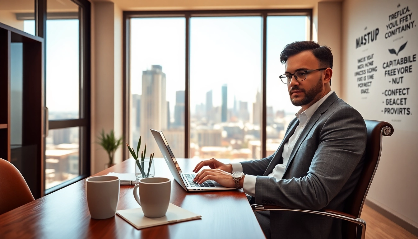 Business coach los Angeles engaged in a video call with a client in a modern office.